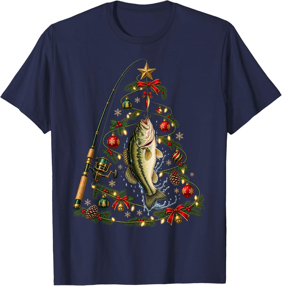 Christmas Fishing Tree Bass Fisherman Holiday T-Shirt - Navy Blue