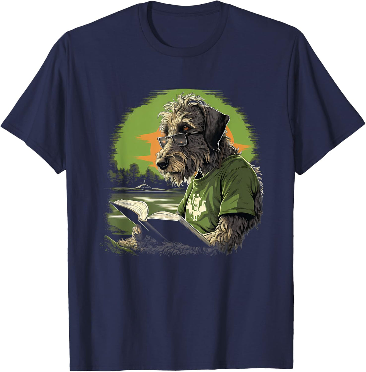 Outdoors Irish Wolfhound Dog Reading Book Men Women Kids T-Shirt - Navy Blue