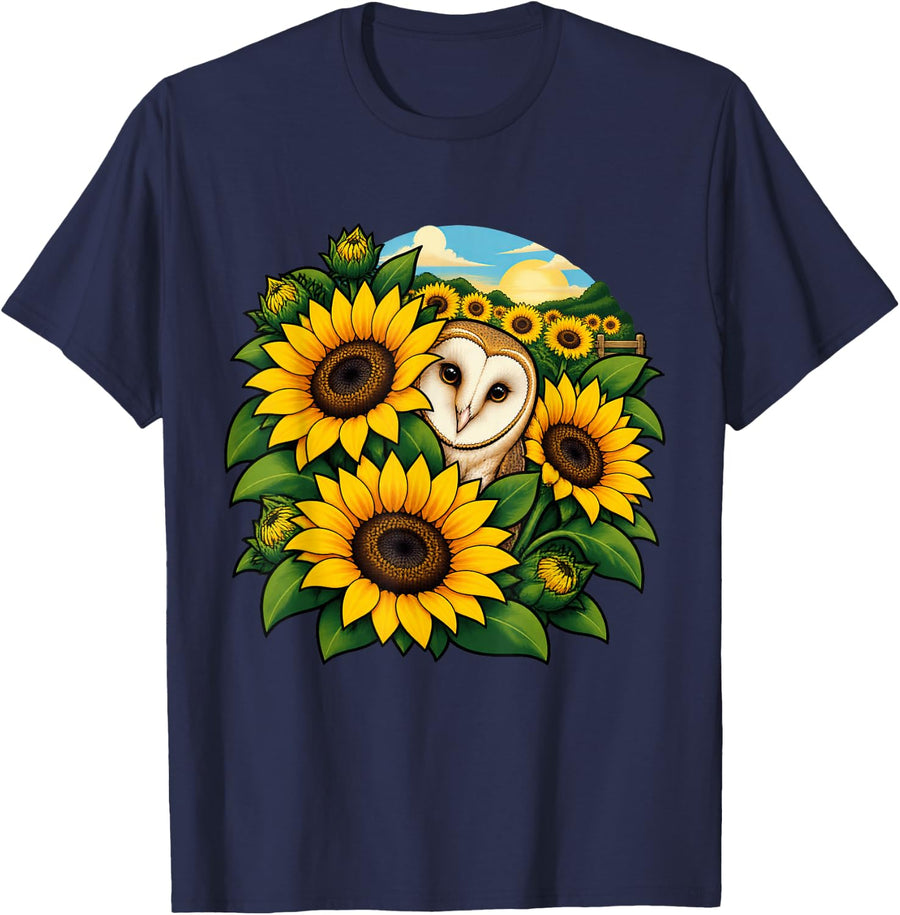 Barn Owl Peeking Through a Dense Sunflower Patch T-Shirt - Navy Blue