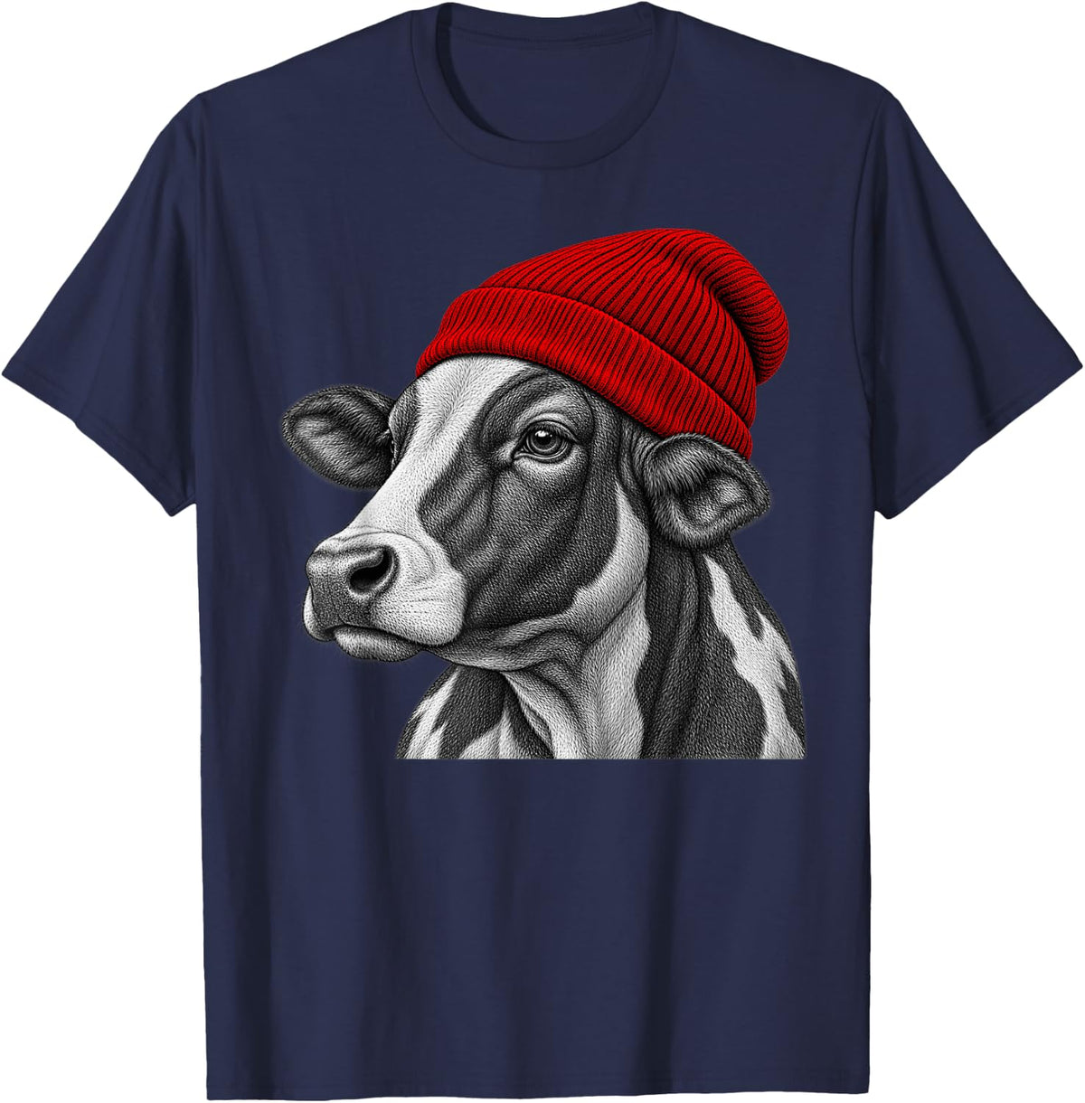 Cow Wearing Beanie Funny Chill Animal Lover T-Shirt - Navy Blue