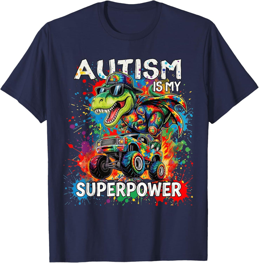 Autism is My Superpower Dinosaur Monster Truck Autism Kids T-Shirt - Navy Blue