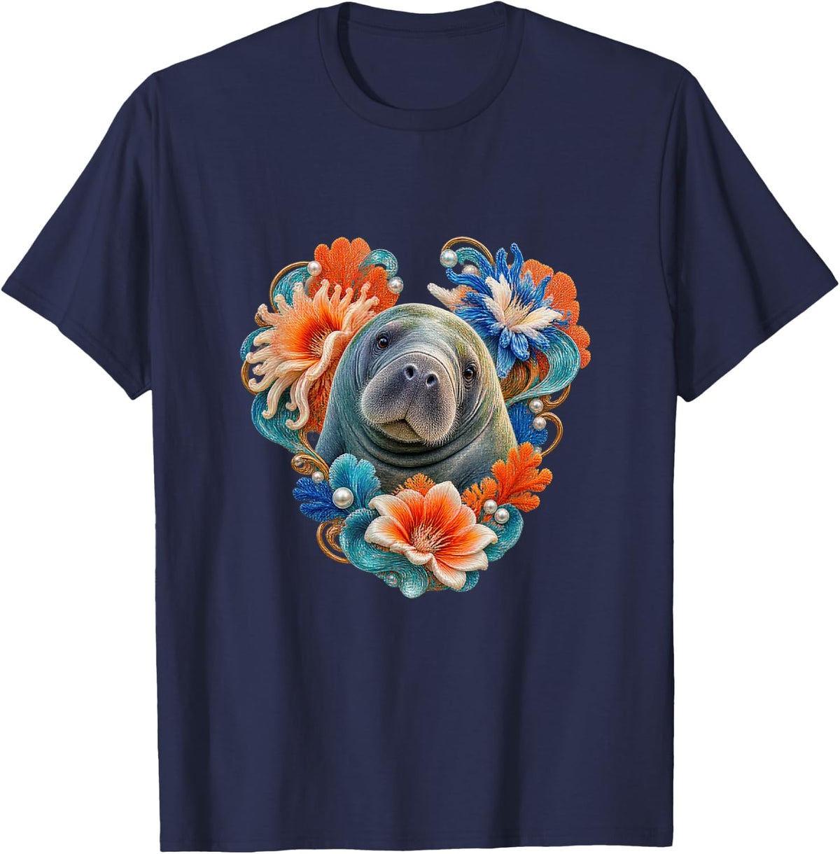 Manatee with Coral Anemones and Turquoise Curling Frame T-Shirt - Navy Blue