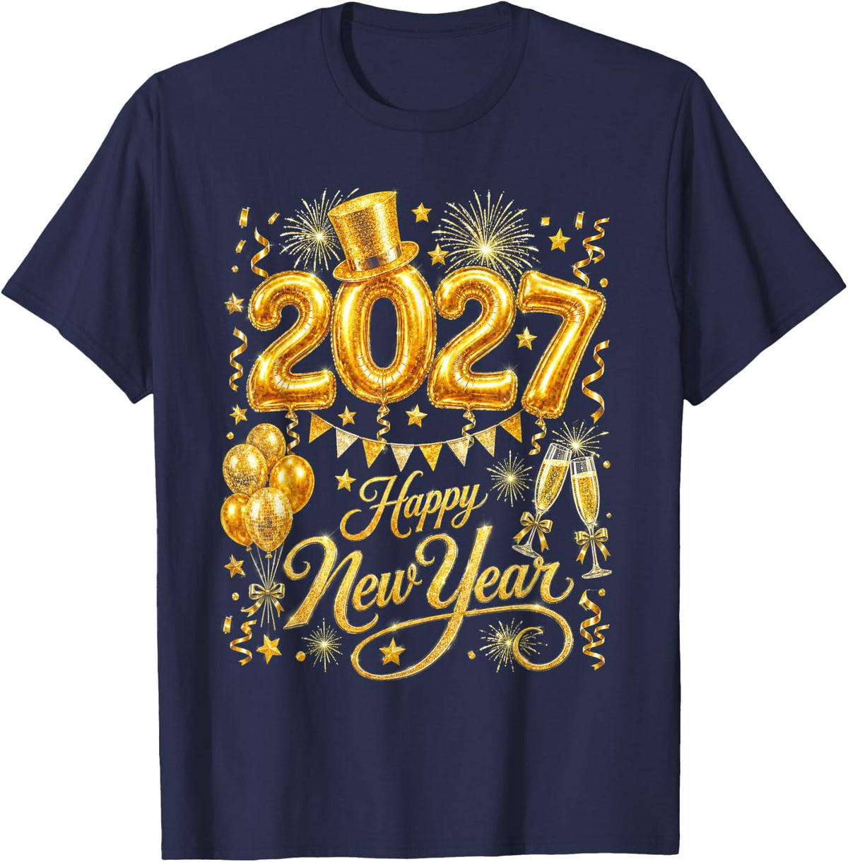 Happy New Year 2027 Gold Elegant Festive Party T-Shirt - Navy Blue