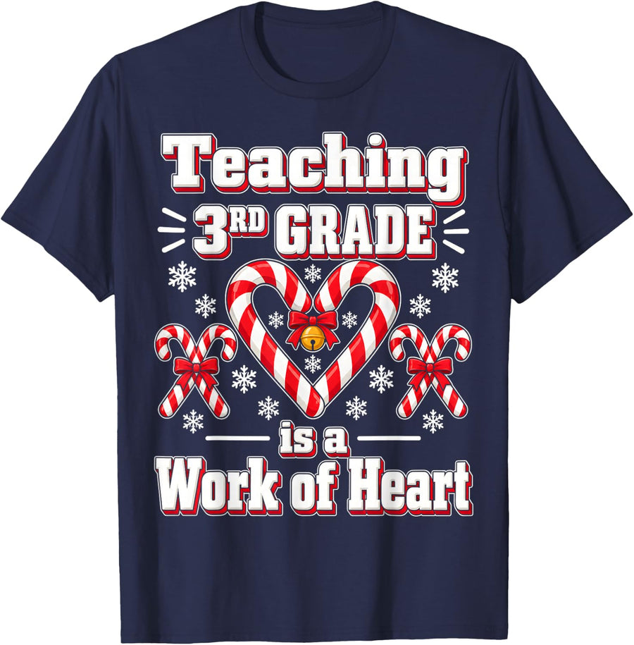 Work of Heart 3rd Grade Teacher Christmas Shirt Candy Cane T-Shirt - Navy Blue