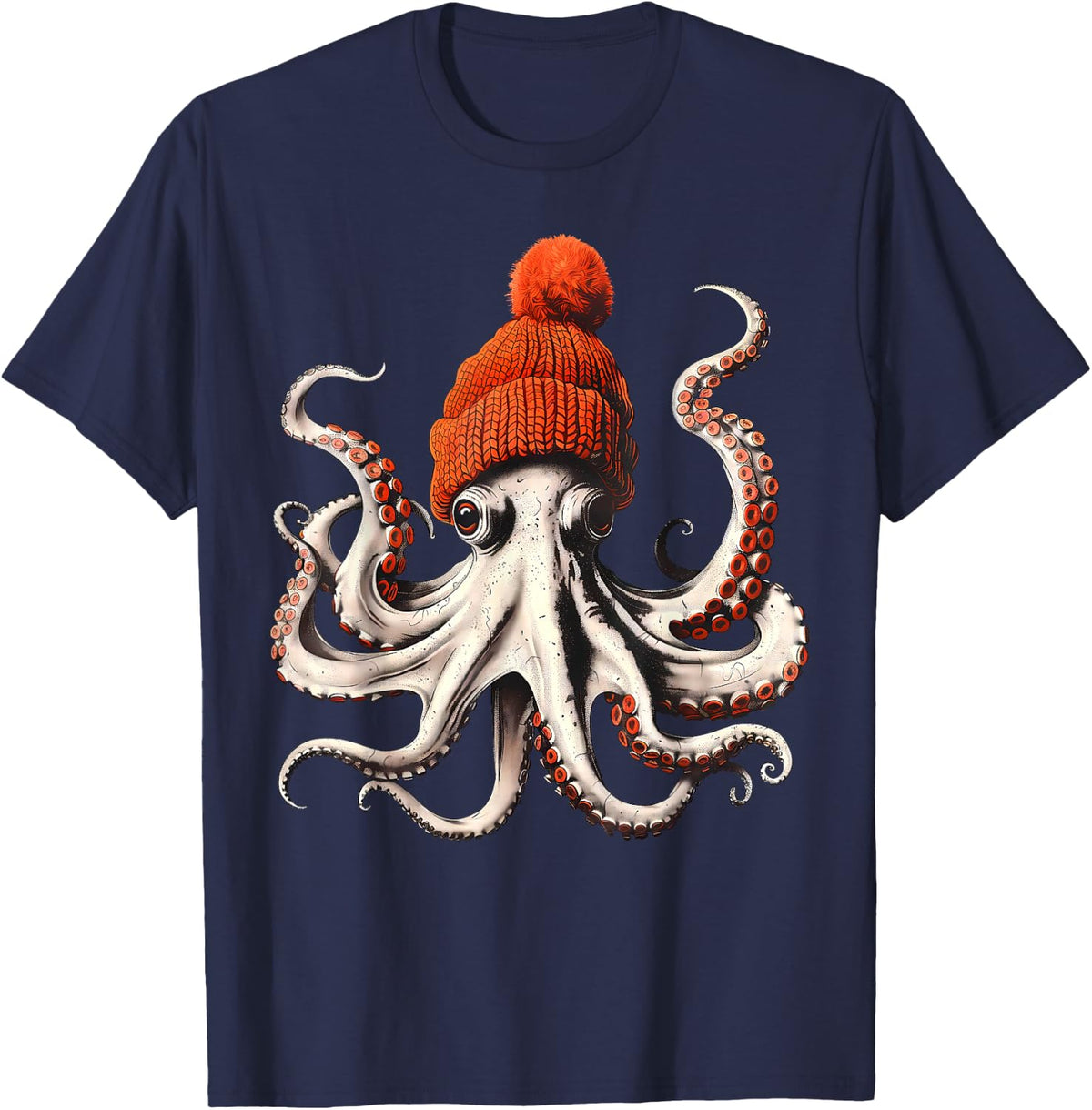 Octopus Wearing Beanie Retro Graphic Tees T Shirts for Ocean Lovers Marine Biology - Navy Blue