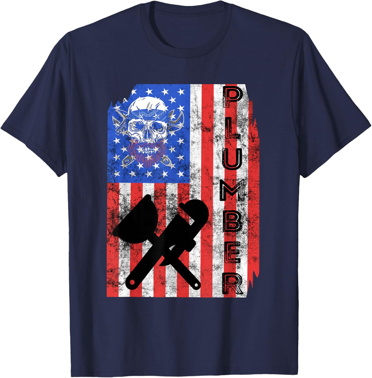 Plumber American Flag Pipefitter America 4th July Plumbing T-Shirt - Navy Blue
