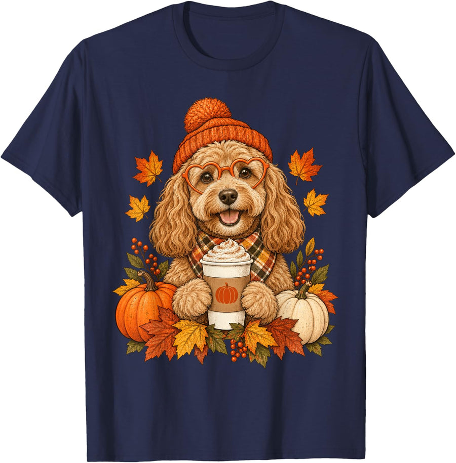 Cockapoo Fall Autumn Season Pumpkin Spice Doodle Dog T-Shirt - Navy Blue