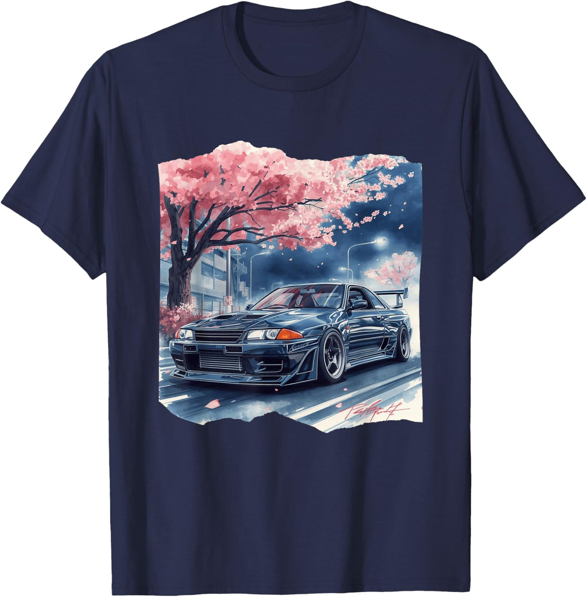 Vintage JDM Drift Race Car Sakura Flower Blossom Art T-Shirt - Navy Blue