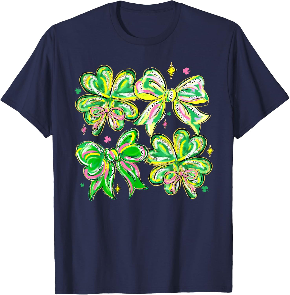 Coquette Bow St.Patrick's Day Lucky Shamrock Ireland Irish T-Shirt - Navy Blue