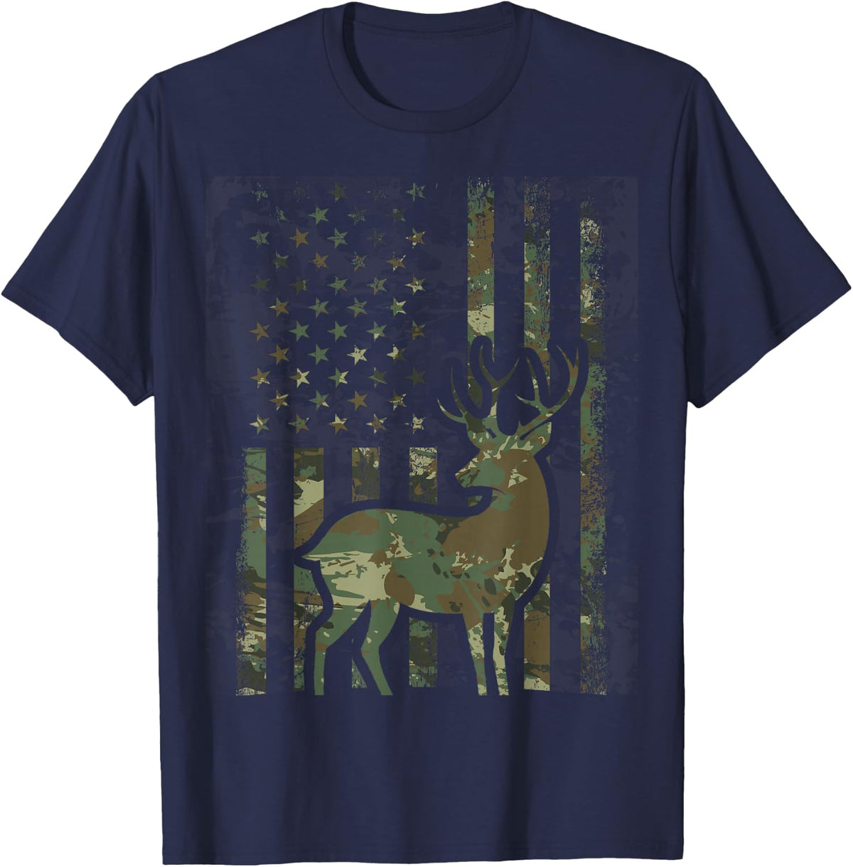 Camo American Flag Buck Hunting Gift for Deer Hunter T-Shirt - Navy Blue