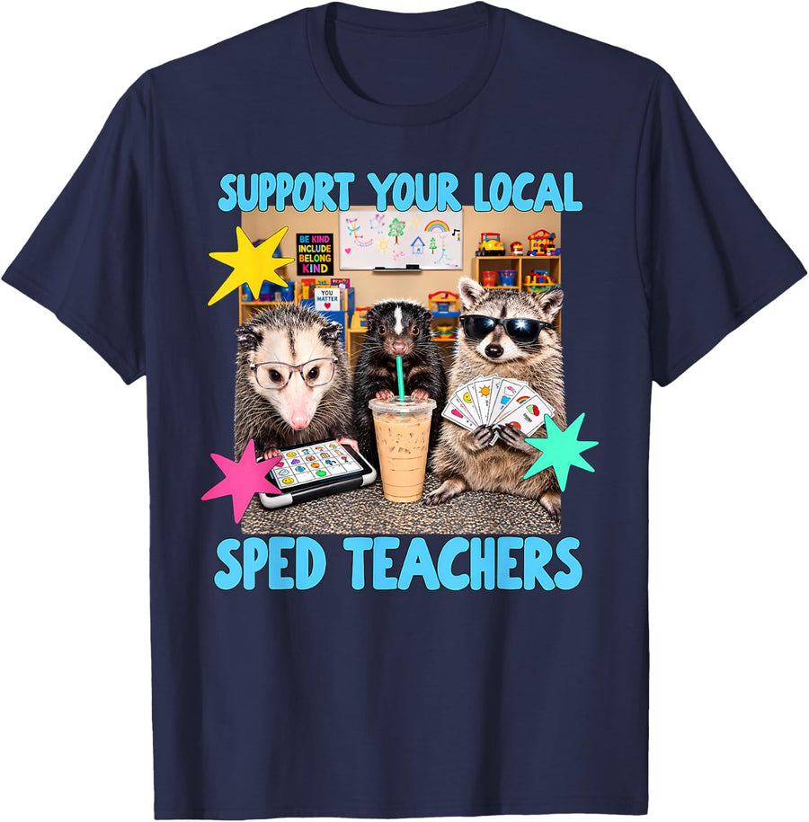 Funny Support Your Local SPED Teachers Raccoon Opossum Skunk T-Shirt - Navy Blue