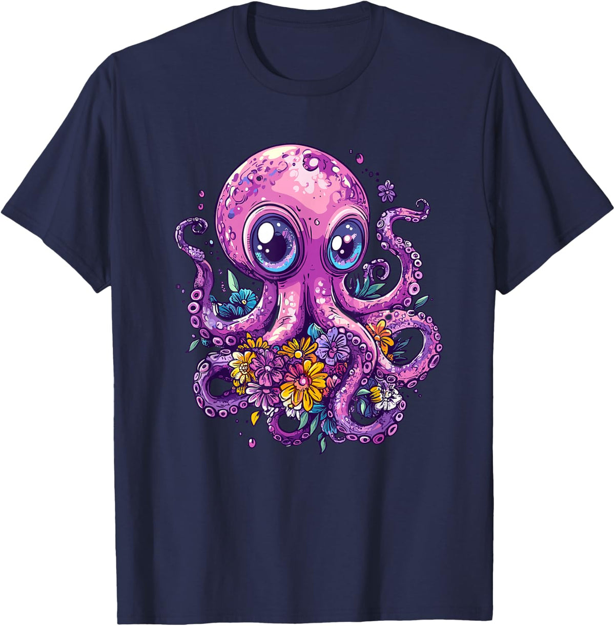 Cute Octopus Surrounded By Colorful Flowers T-Shirt - Navy Blue