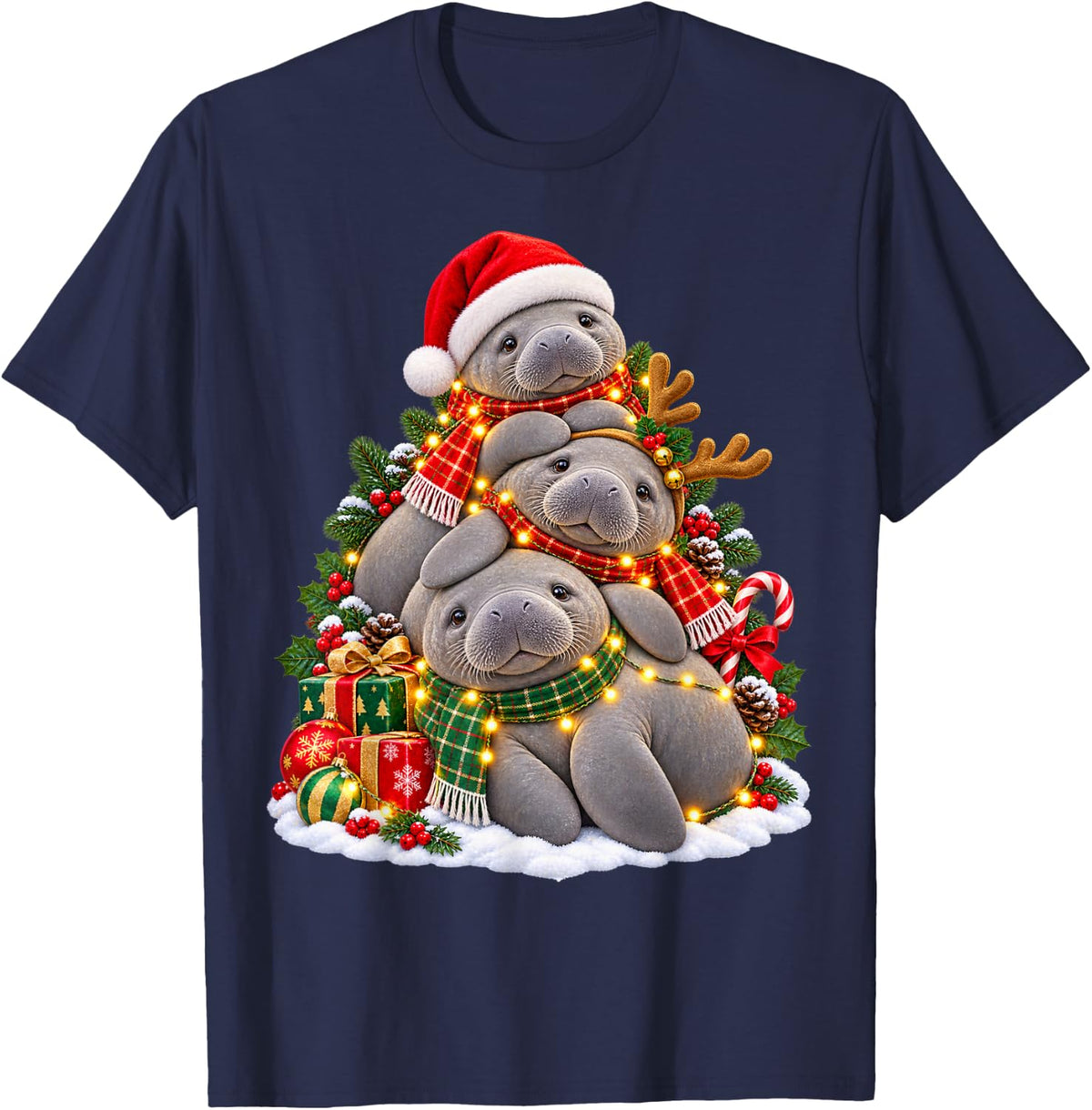 Happy Manatee Christmas Animal Lover Graphic T-Shirt - Navy Blue