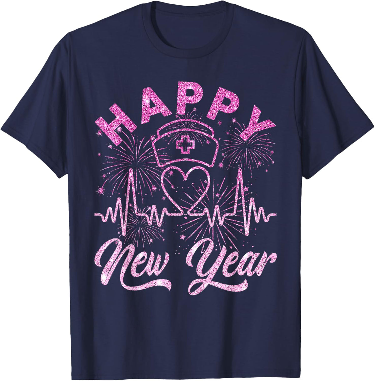 Happy New Year Nurse Crew Heartbeat New Years Eve Party 2026 T-Shirt - Navy Blue