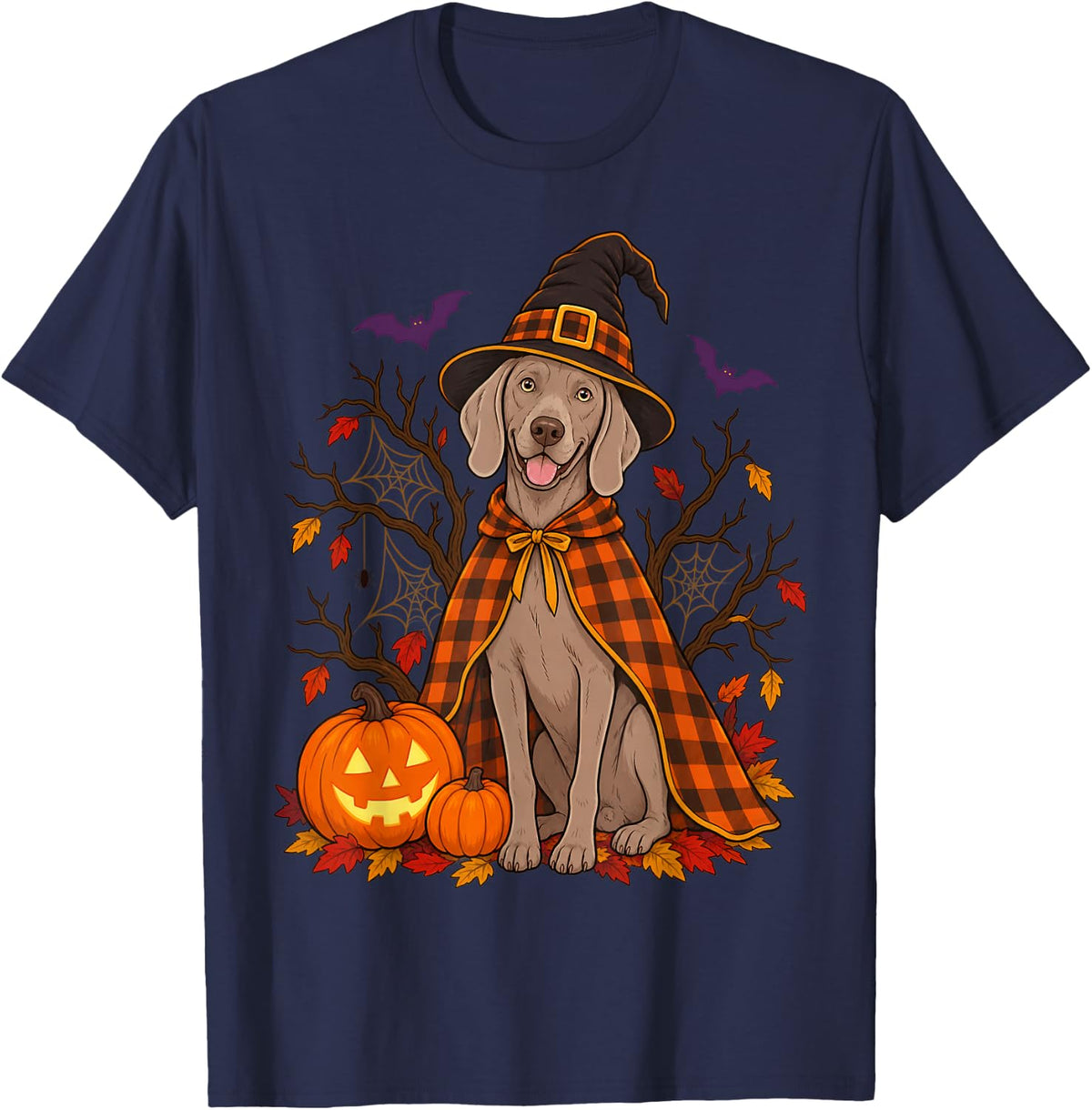 Weimaraner Hound Seated Plaid Cape Halloween Thanksgiving T-Shirt - Navy Blue