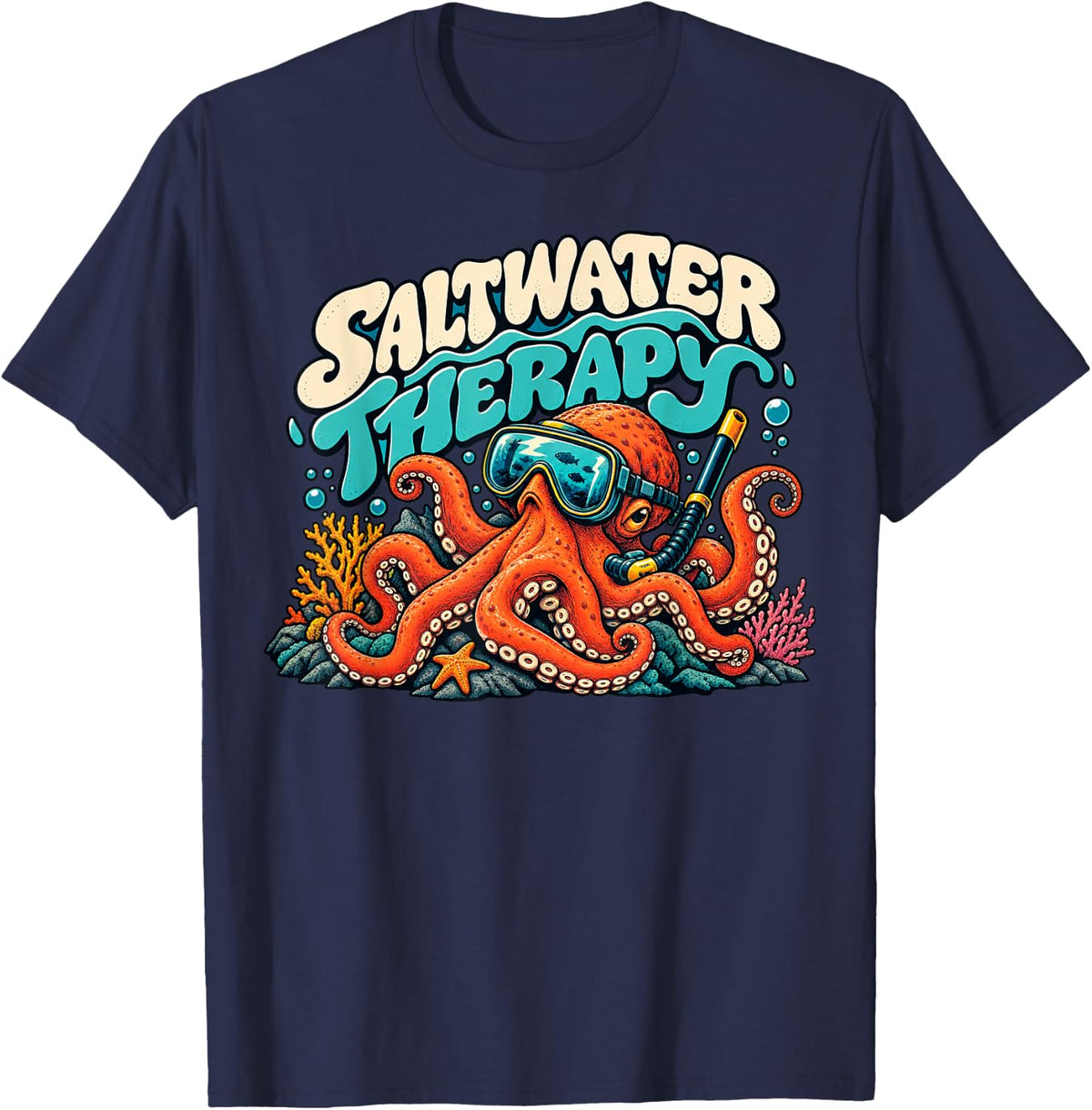 Saltwater Therapy Diving Octopus Funny Diver Trending T-Shirt - Navy Blue