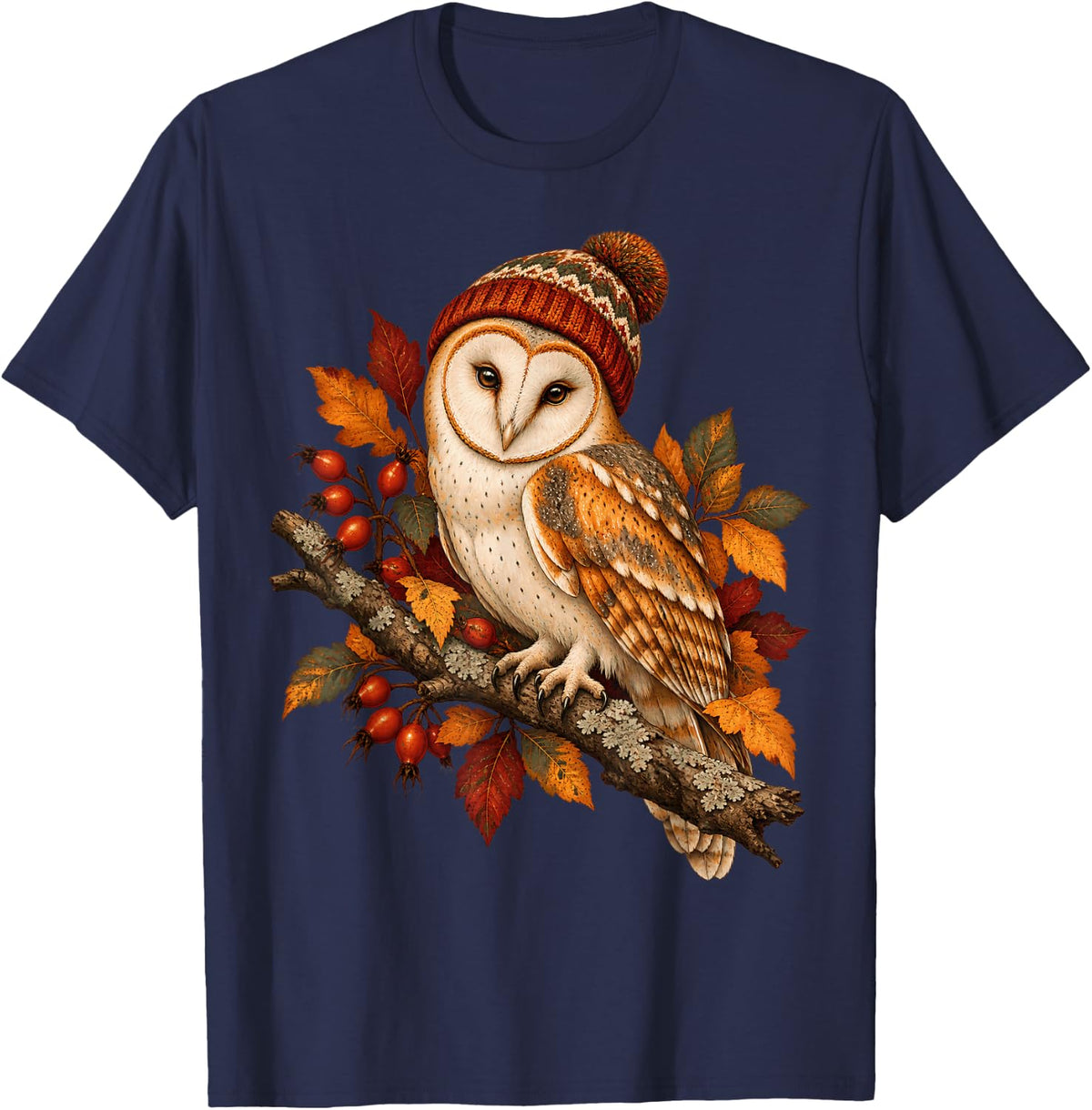Autumn Barn Owl Fall Leaves Cozy Wildlife T-Shirt - Navy Blue