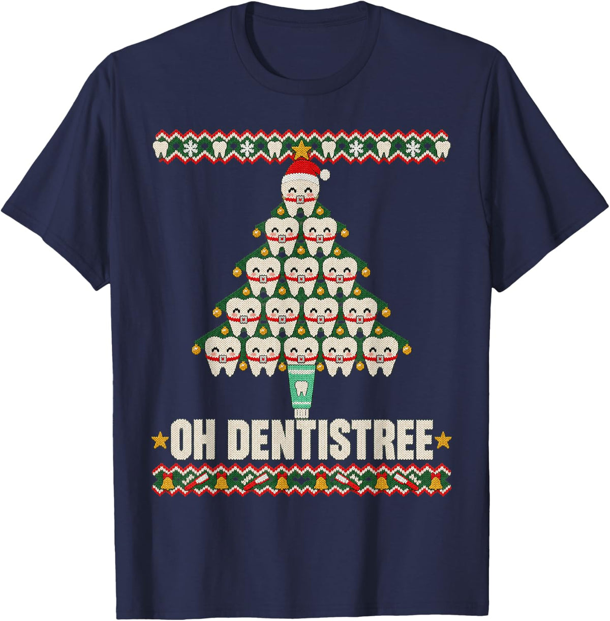 Oh Dentistree Christmas Tree Dental Hygiene Ugly Sweater T-Shirt - Navy Blue