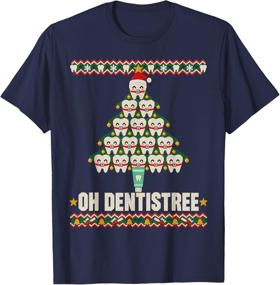 Oh Dentistree Christmas Tree Dental Hygiene Ugly Sweater T-Shirt - Navy Blue