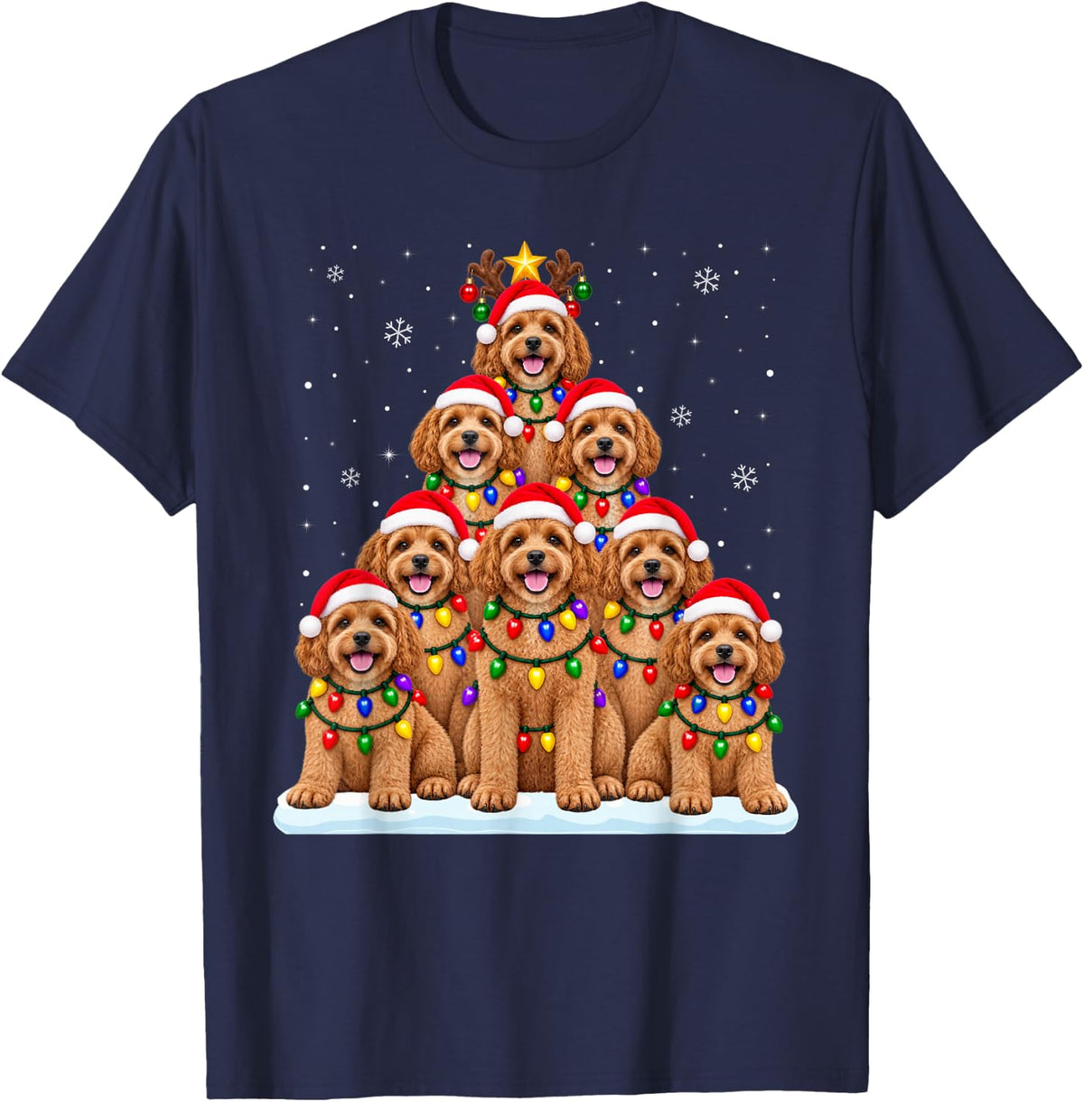 Cavapoo Dog Christmas Tree Lights Pajama Dog Lover Xmas T-Shirt - Navy Blue
