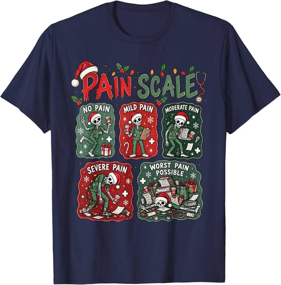 Pain Scale Skeleton Santa Healthcare Worker Nurse Christmas T-Shirt - Navy Blue