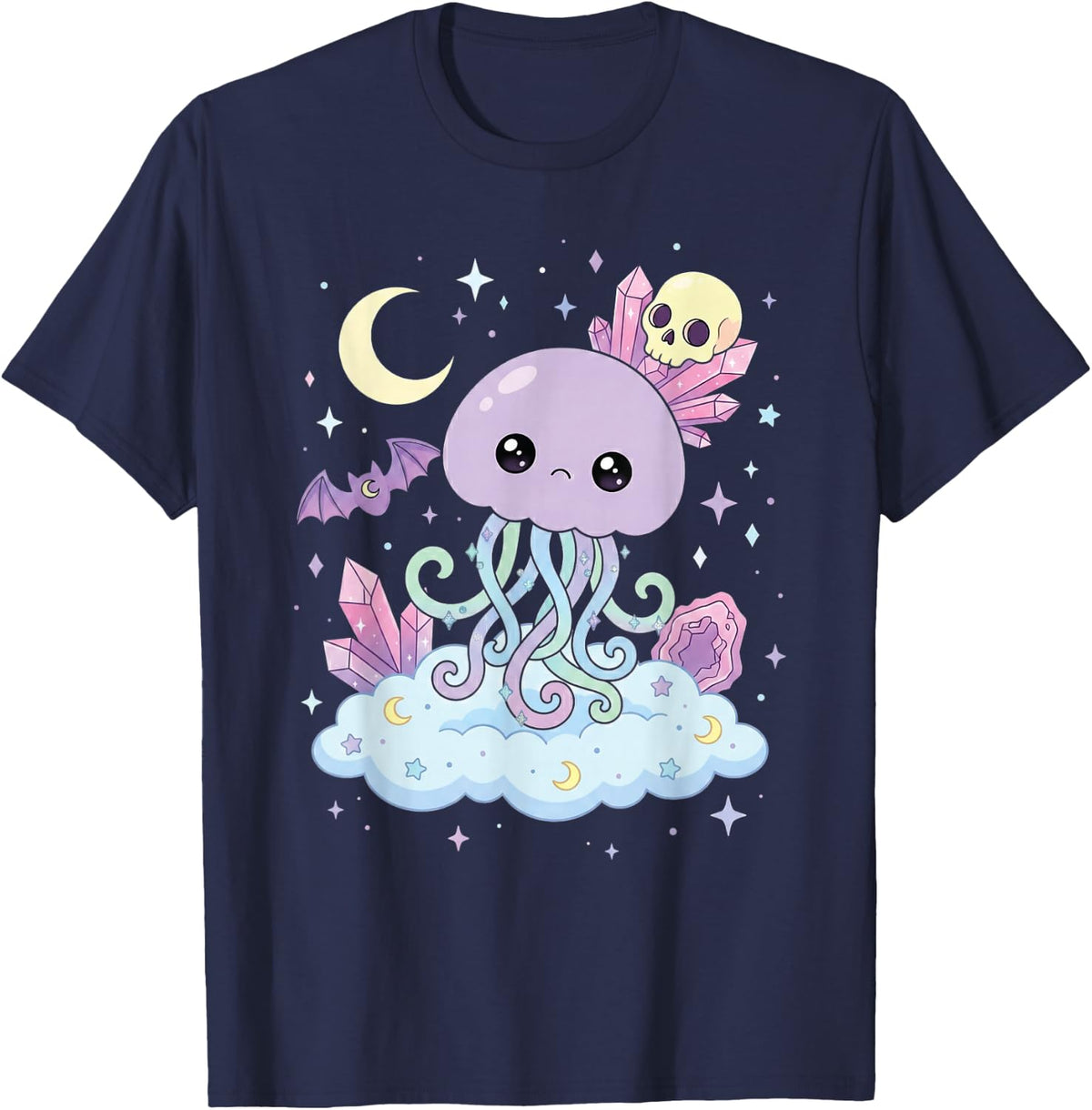 Jellyfish Pastel Goth Kawaii Cute Goth Bat Jellyfish T-Shirt - Navy Blue