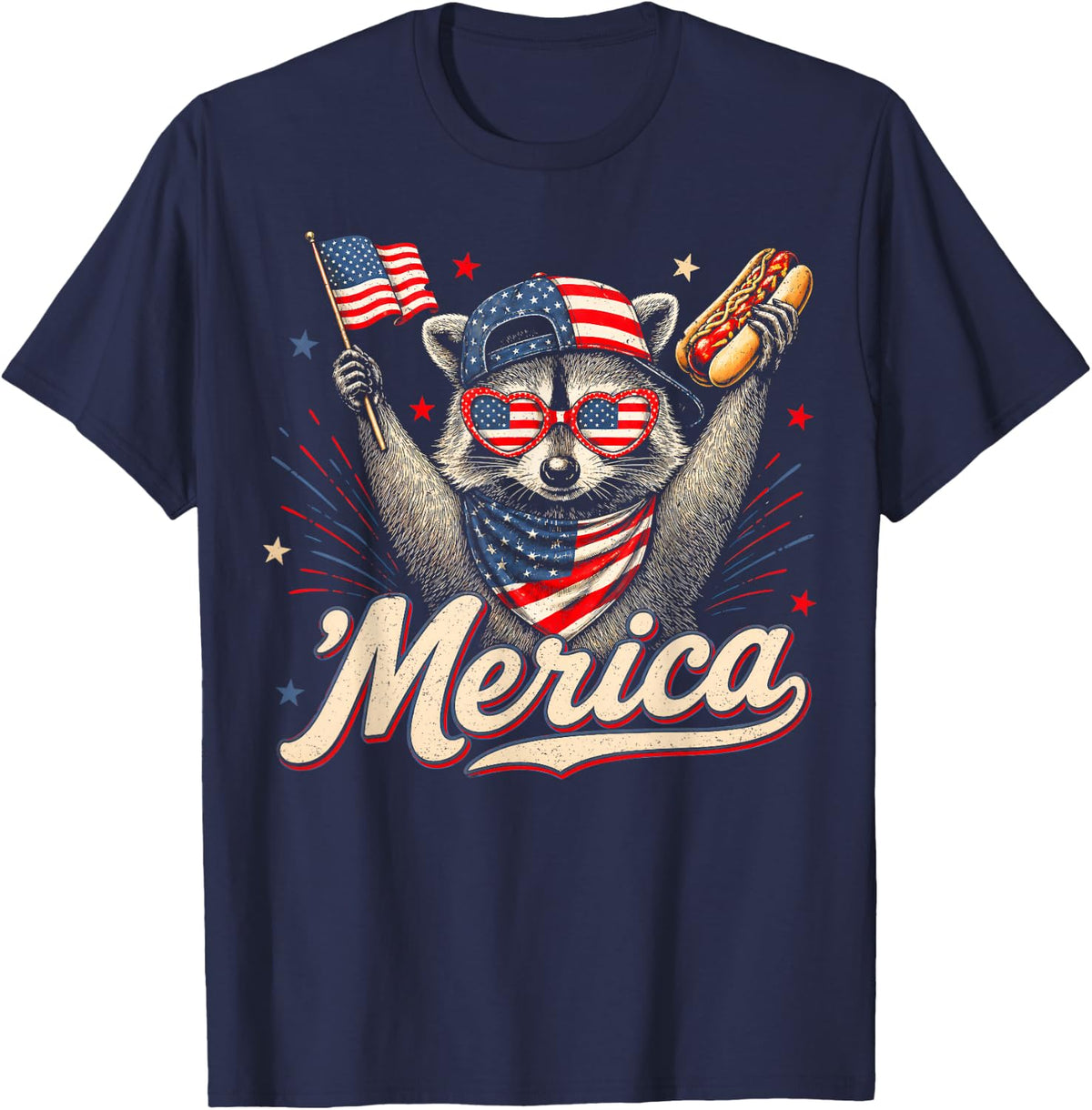 Raccoon Merica America USA Flag for Boys Girls Kids 4th July T-Shirt - Navy Blue