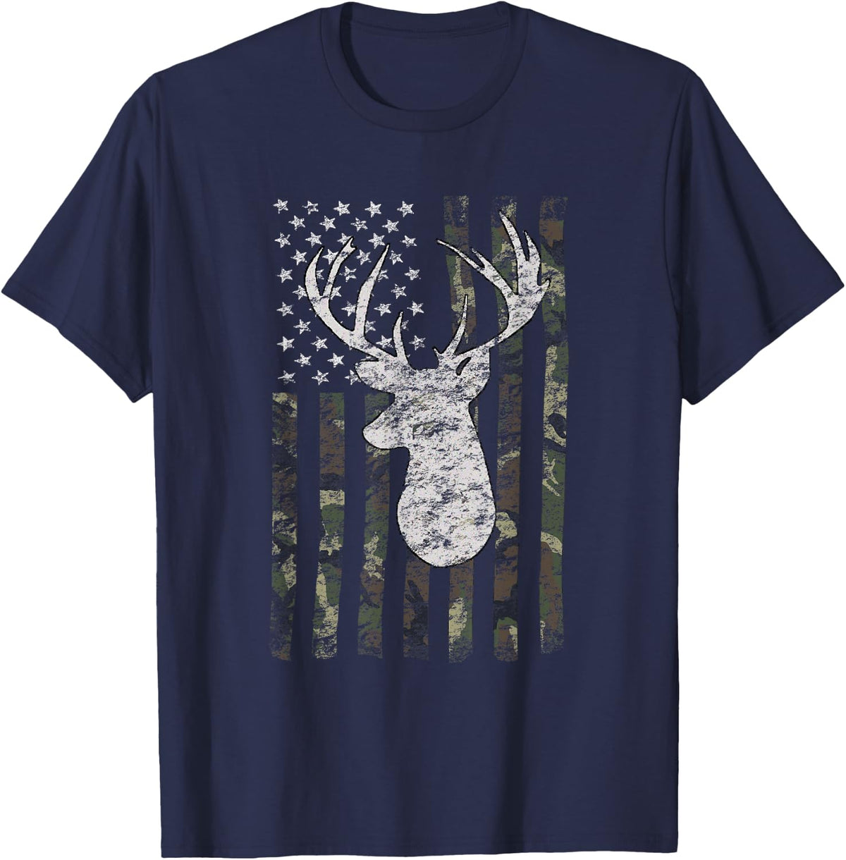 Deer Hunting Camo American Flag T-Shirt - Navy Blue
