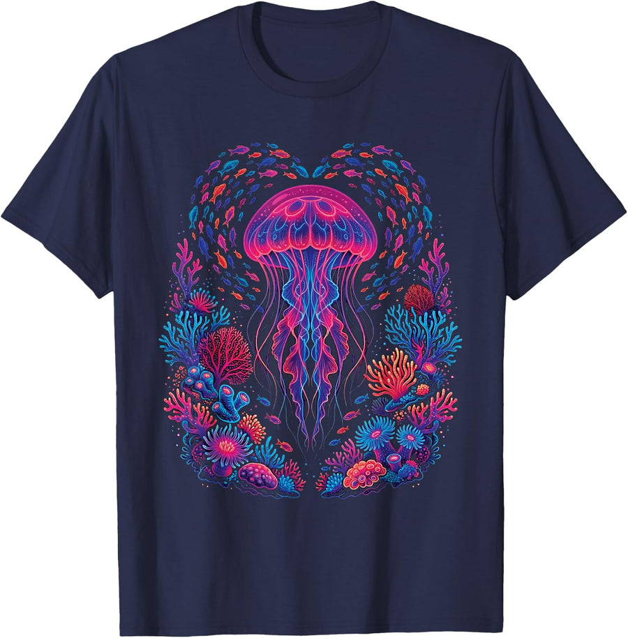 Minimalist Retro Jellyfish Aesthetic Ocean T-Shirt - Navy Blue
