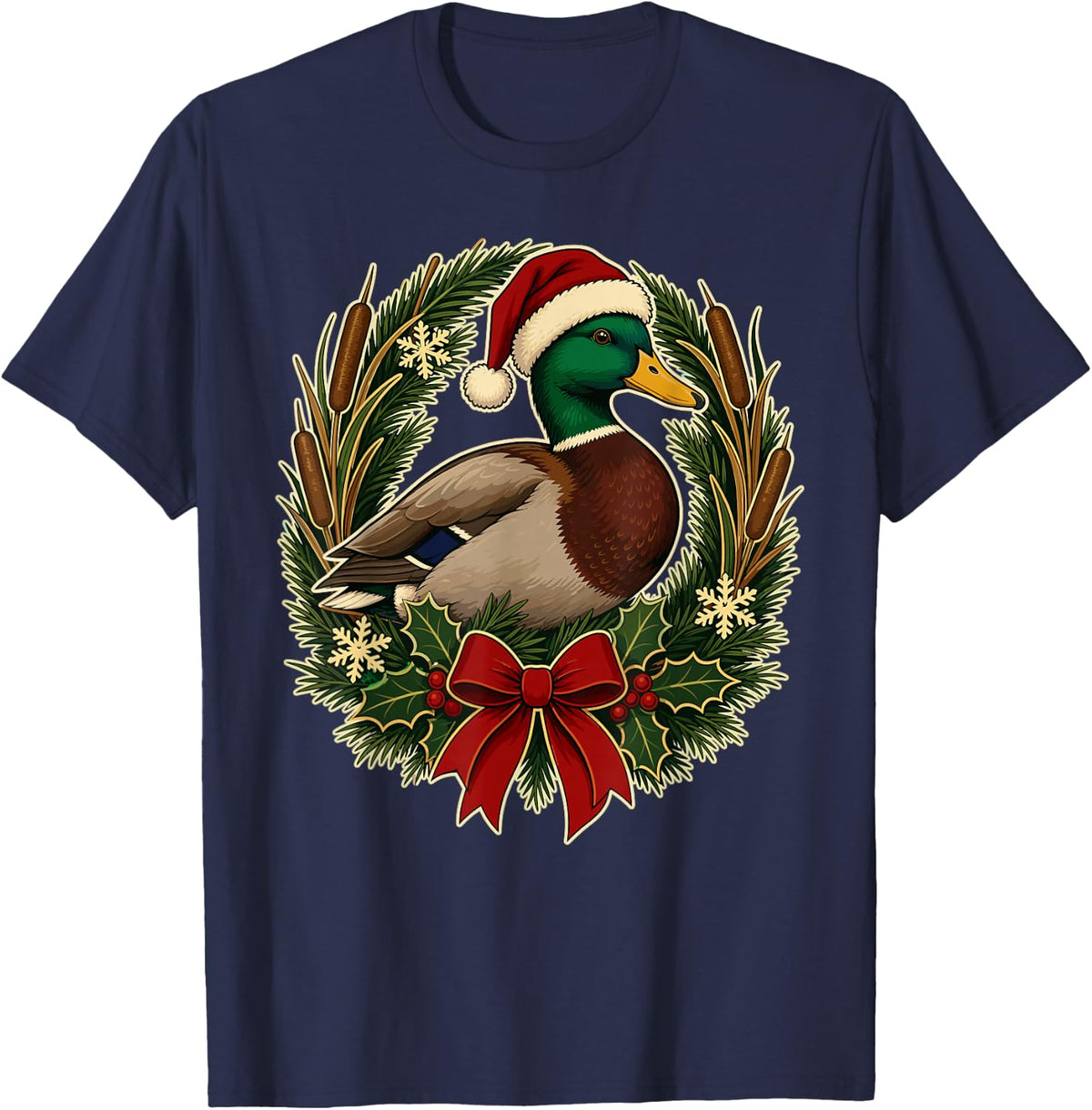 Mallard Duck Hunting Christmas Wreath Santa Hat T-Shirt - Navy Blue