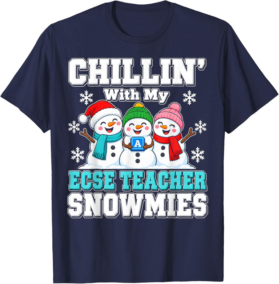 ECSE Teacher Christmas Shirt Chillin Snowmies Snowman T-Shirt - Navy Blue