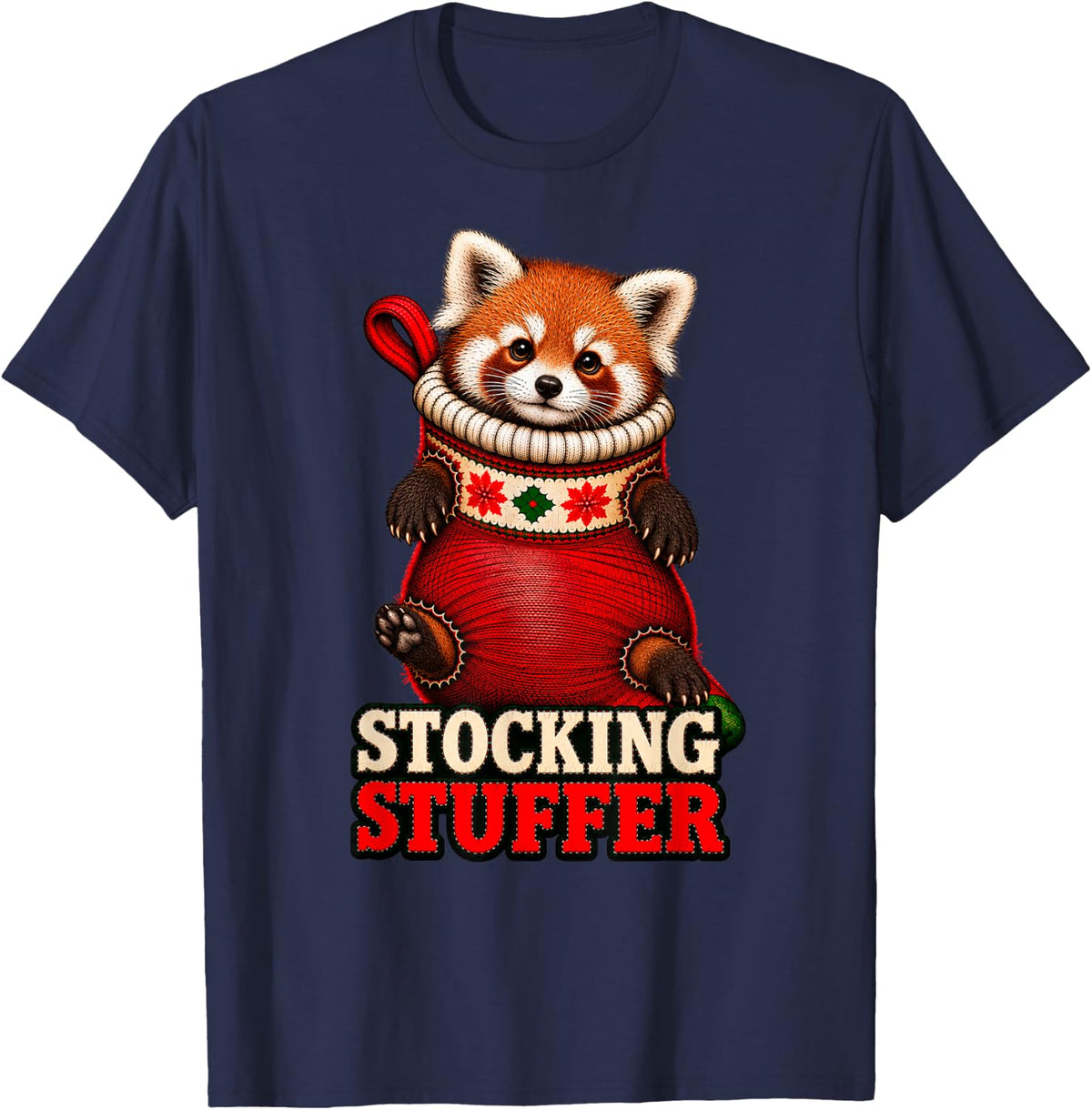 Red Panda Christmas Stocking Stuffer T-Shirt - Navy Blue