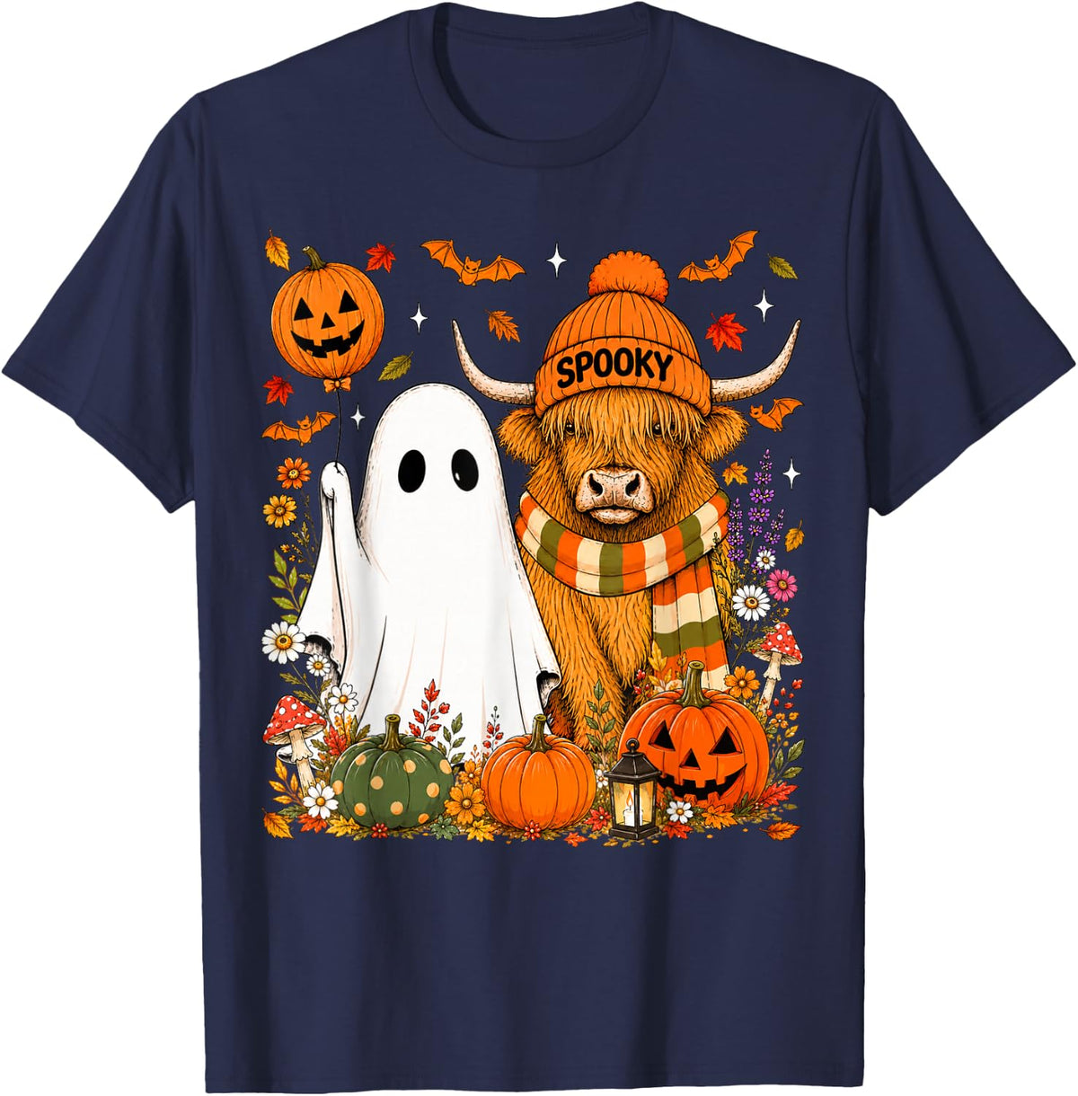 Cute Fall Highland Cow and Ghost Pumpkin Patch Halloween T-Shirt - Navy Blue