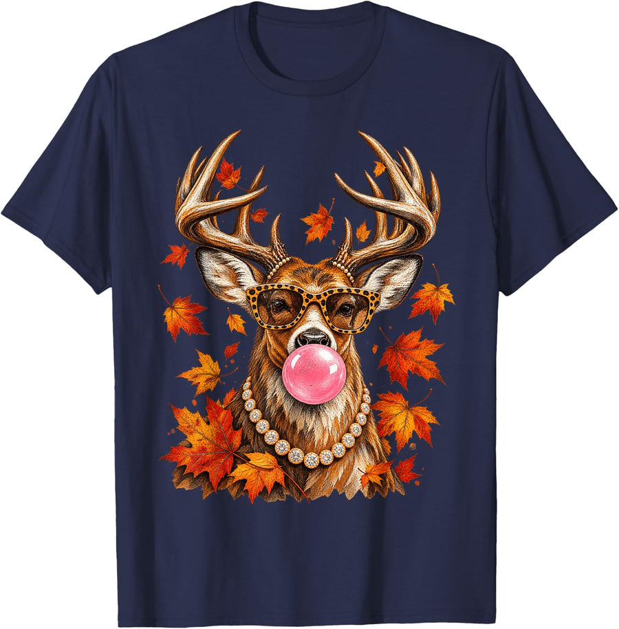 Fall Vintage Buck Hunting Season Glam Deer Leopard Necklace T-Shirt - Navy Blue