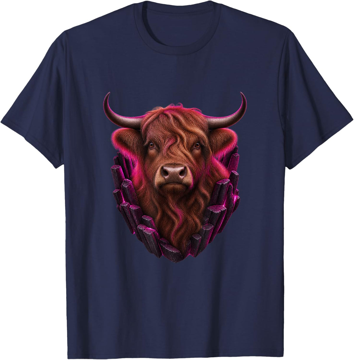Highland Cow with Magenta Stone Columns T-Shirt - Navy Blue