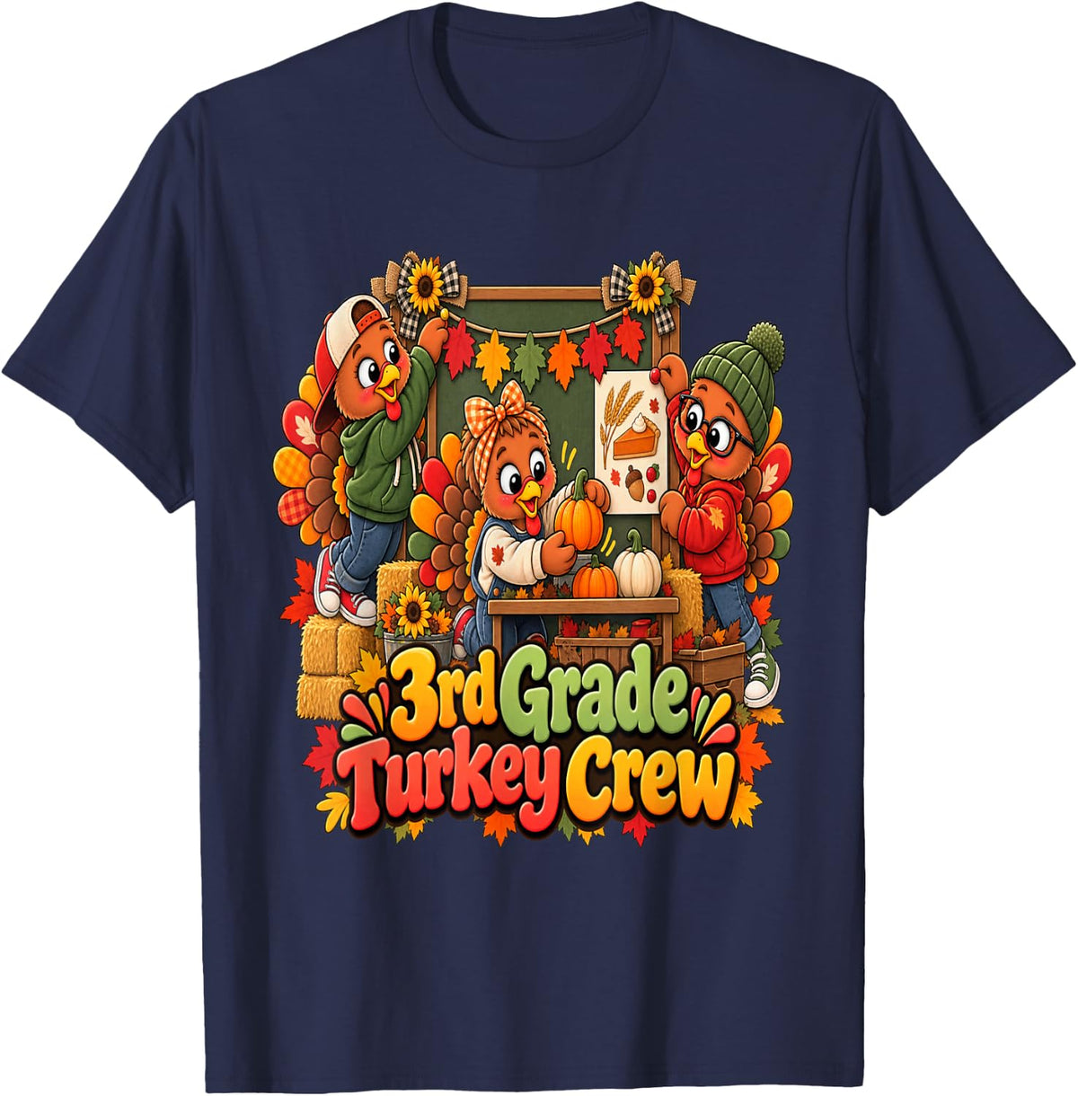 School Third Grade Thanksgiving 3rd Grade Turkey Crew T-Shirt - Navy Blue