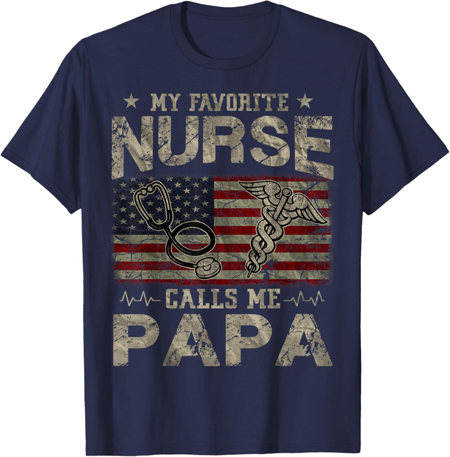 My Favorite Nurse Calls Me Papa American Flag Vintage T-Shirt for Women Men - Navy Blue