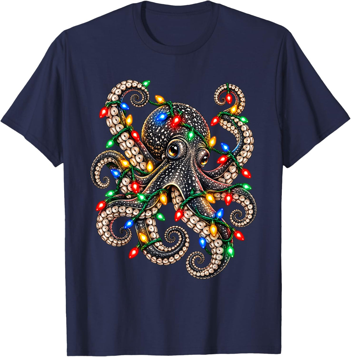 Funny Cool Christmas Octopus Holiday Lights Ocean Gift T-Shirt - Navy Blue