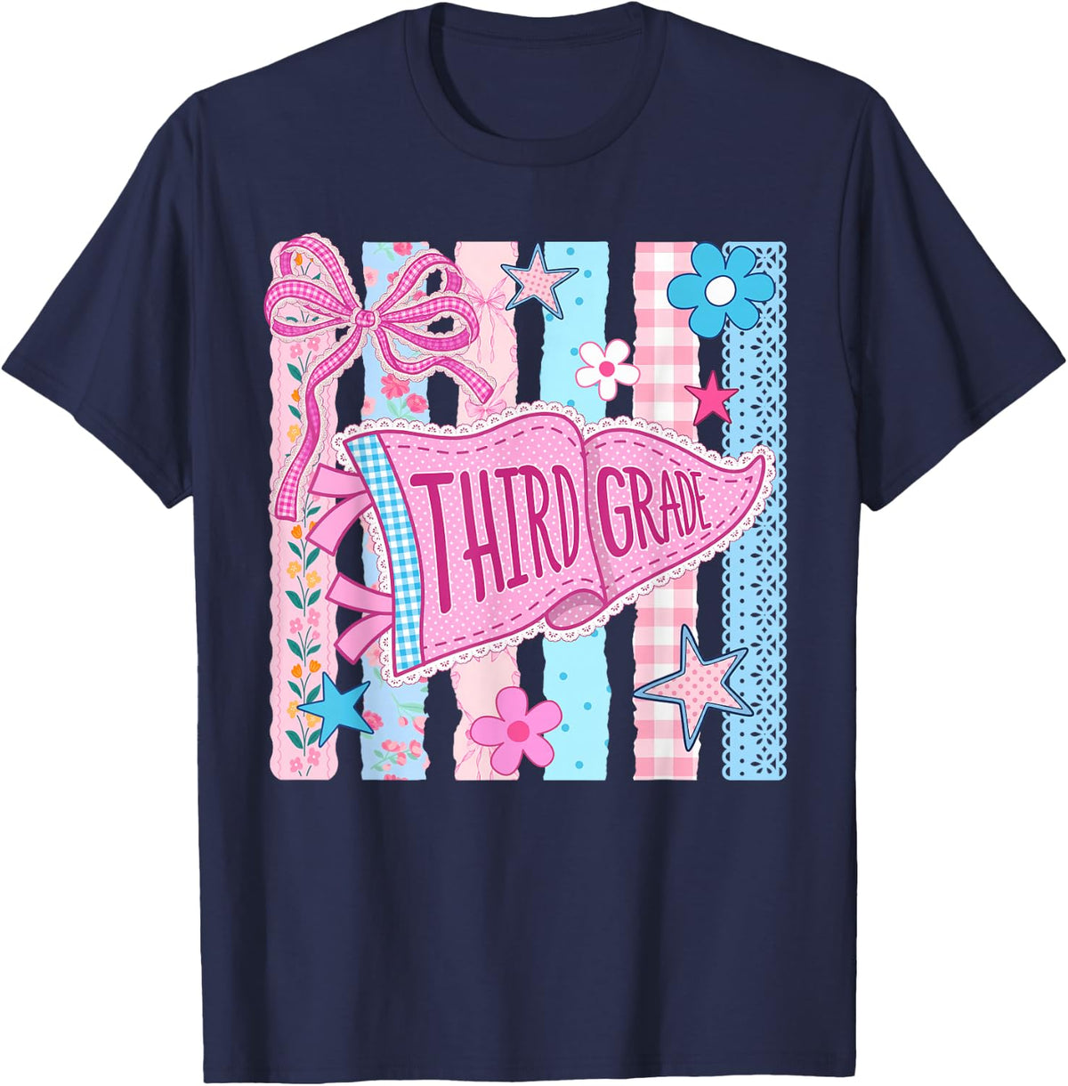 Third Grade Shirt 3rd Grade T-Shirt Striped Floral Pennant Flag Back to School Tee for Students Teachers - Navy Blue