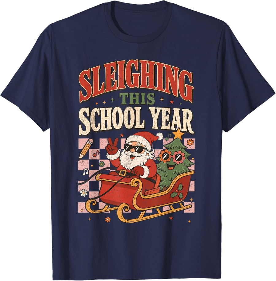 Sleighing This School Year Retro Santa Christmas Teacher T-Shirt - Navy Blue