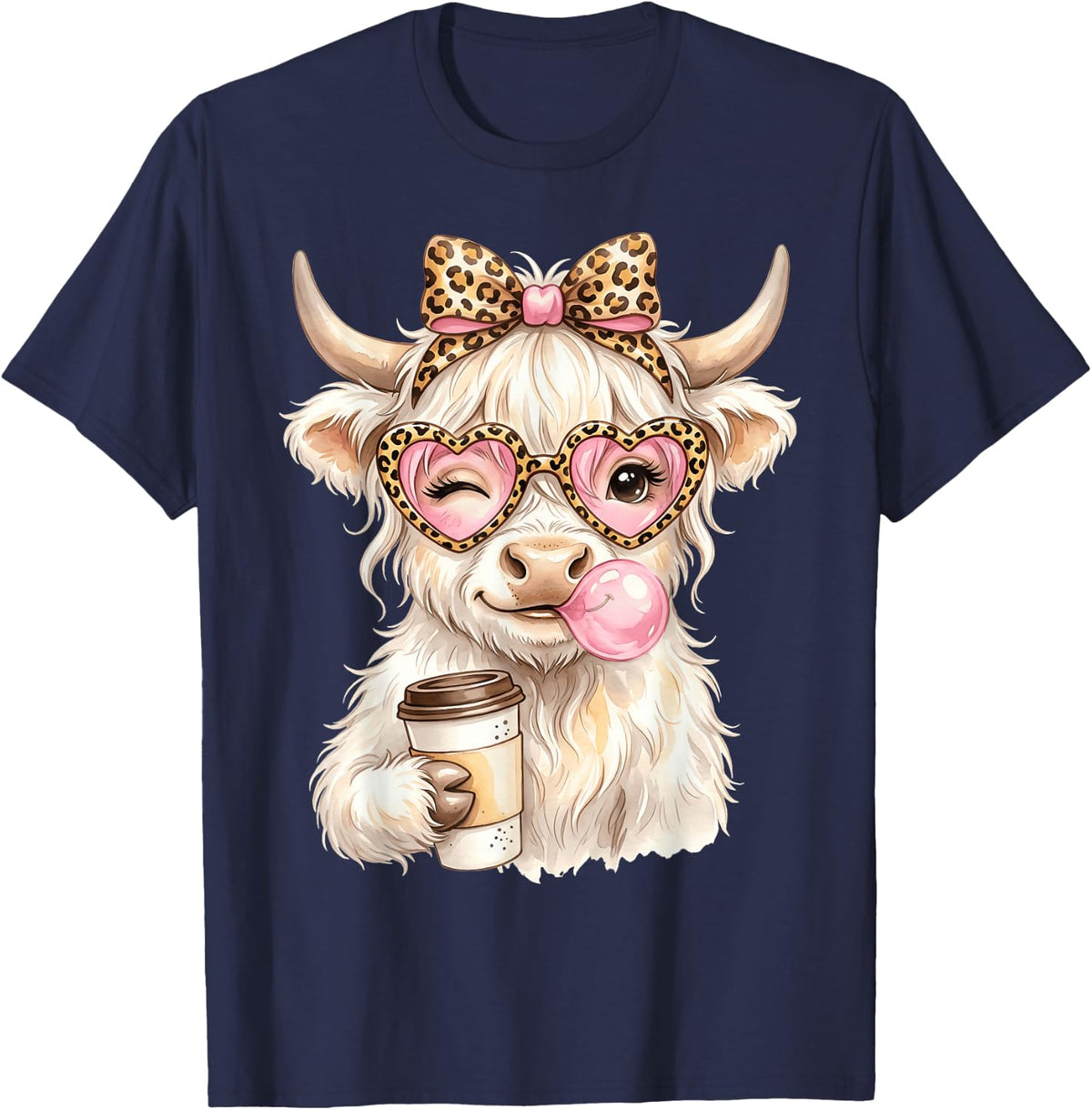 Scottish Highland Cow Blowing Bubblegum T-Shirt - Navy Blue