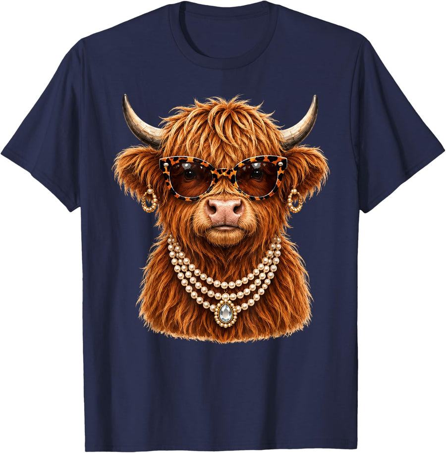 Glam Highland Cow Leopard Sunglasses Pearl Jewelry Women T-Shirt - Navy Blue