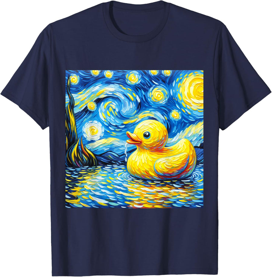 Rubber Duck Starry Night Painting Ducky Vincent Van Gogh Art T-Shirt - Navy Blue
