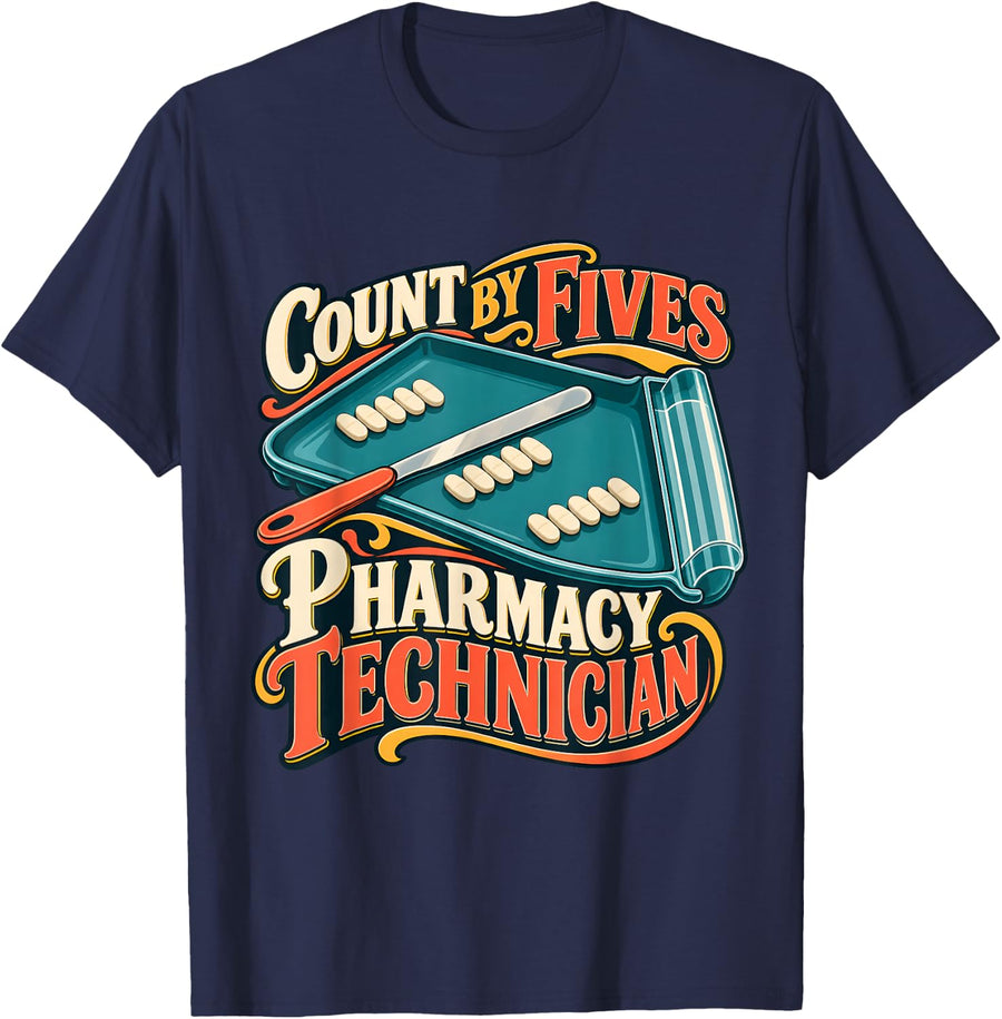 Pharmacy Technician Count By Fives Pill Counting Tray T-Shirt - Navy Blue