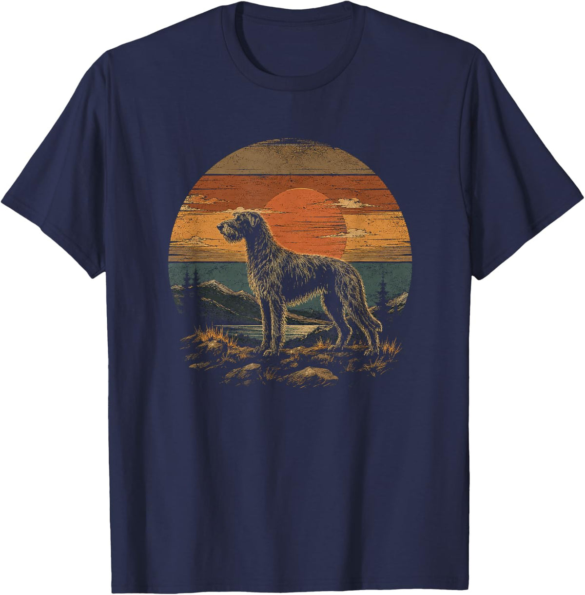 Retro Irish Wolfhound Artwork Graphic T-Shirt - Navy Blue