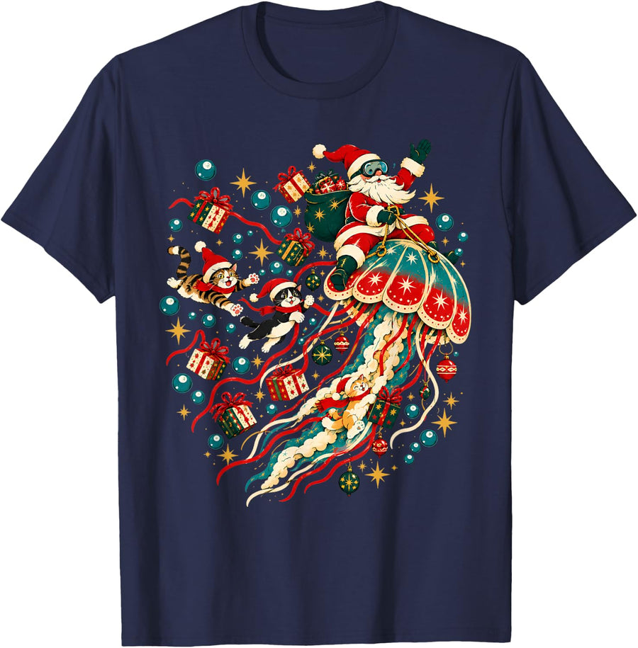 Funny Santa Riding Christmas Jellyfish with Cute Cats Lover T-Shirt - Navy Blue