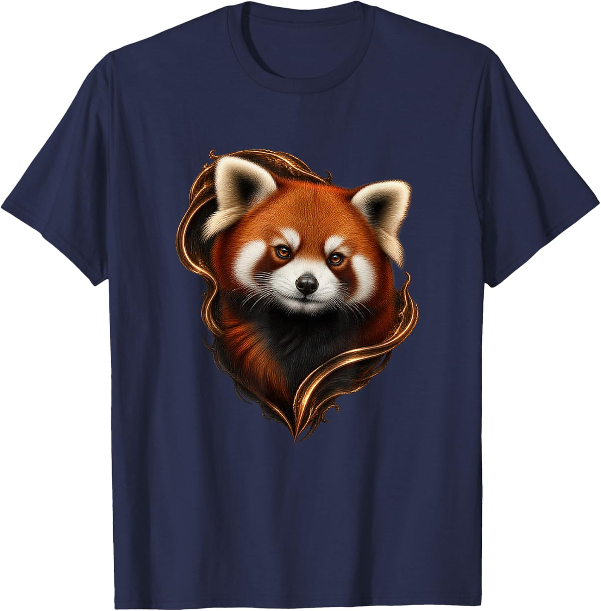 Red Panda with Molten Bronze Curves Forest Animal Art T-Shirt - Navy Blue
