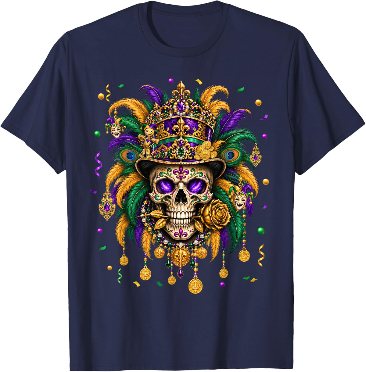 Mardi Gras Skull Top Hat Beads New Orleans Men Women Kid T-Shirt - Navy Blue