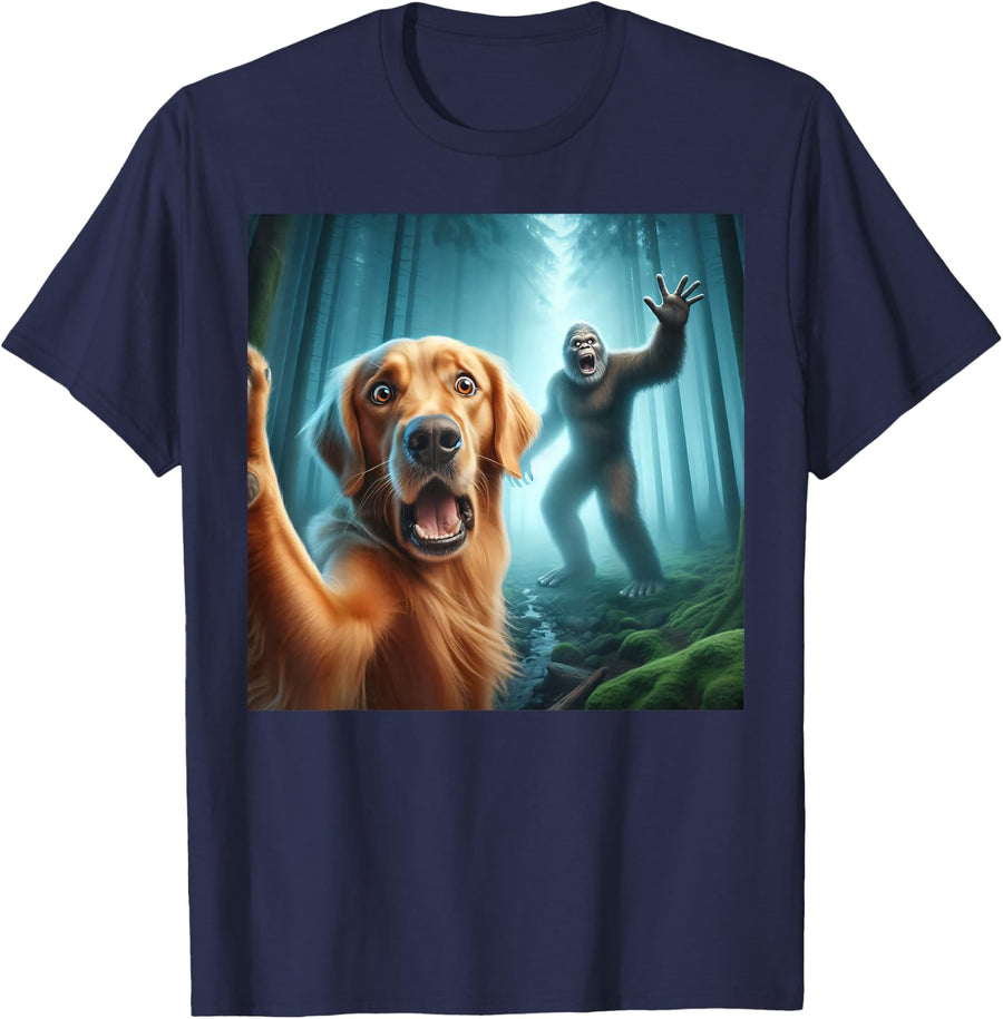 Golden retriever Selfie with bigfoot sasquatch T-Shirt - Navy Blue