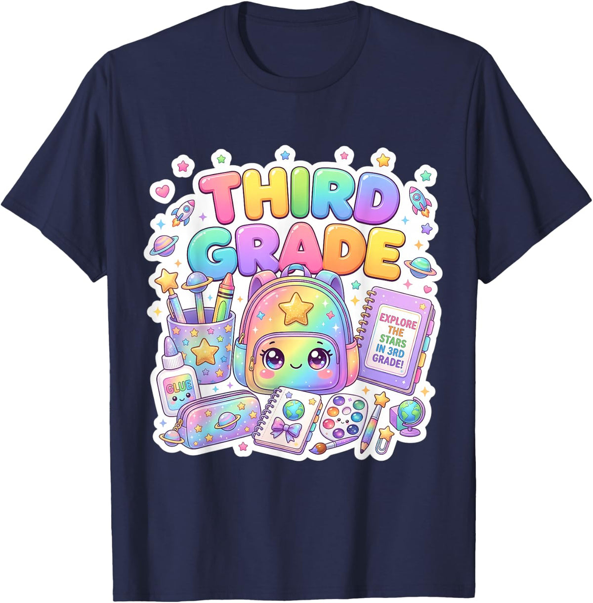 Cute Backpack 3rd Third Grade Back to School Girl Teacher T-Shirt - Navy Blue